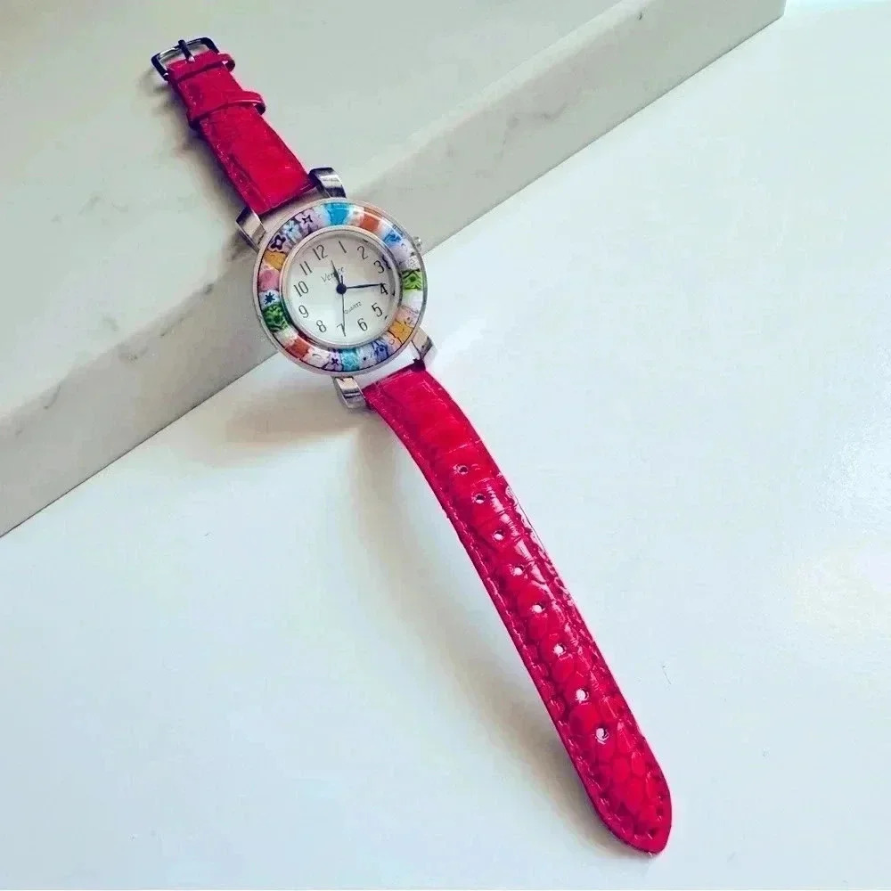 GlassOfVenice Serena Murano Millefiori Watch With Leather Band - Red - Picture 3 of 8